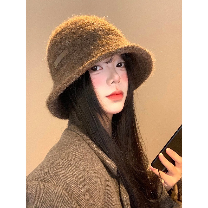 美拉德复古针织渔夫帽女秋冬咖色显脸小水桶帽大头围保暖毛线帽子