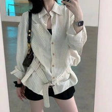 早秋韩系收腰条纹长袖衬衫女款设计感小众复古高级感chic别致上衣