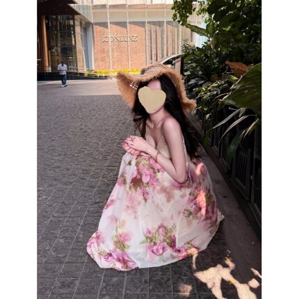 【上新价】花漾花海 V领绑带露背吊带连衣裙女春夏蕾丝修饰裙