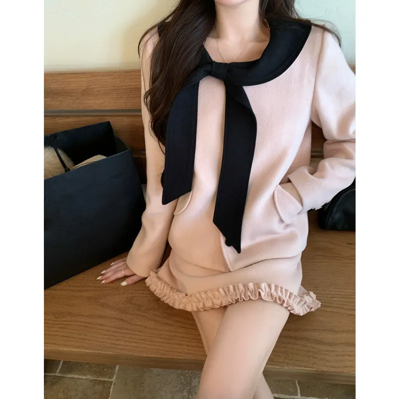 【海德堡情书】小香学院风羊毛呢大衣半身裙套装木耳边蝴蝶结翻领