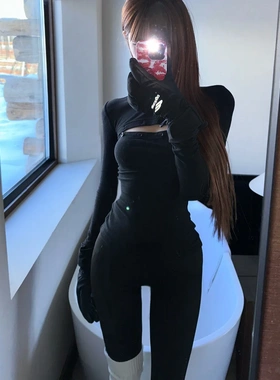 黑有染 Miekevv 黑色内搭长袖T恤女冬季紧身显瘦镂空打底加厚上衣