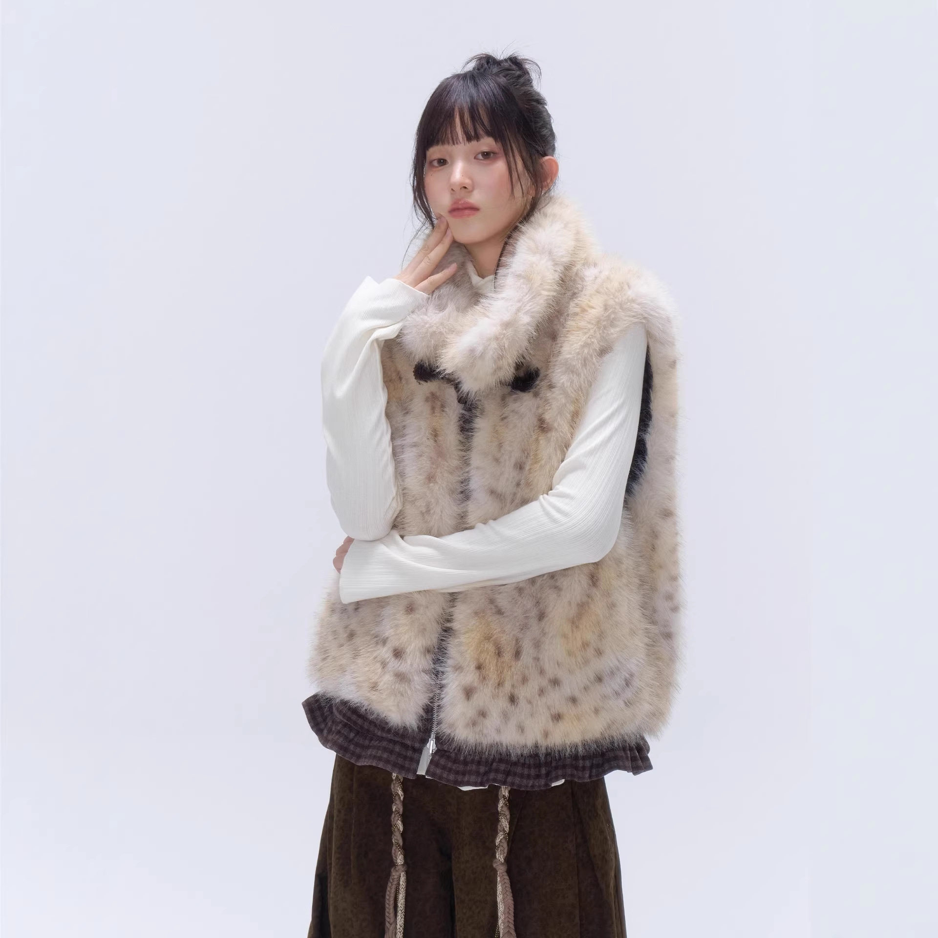 chaoschaos双面穿 环保皮草时髦豹纹拼接花边保暖马甲上衣外套