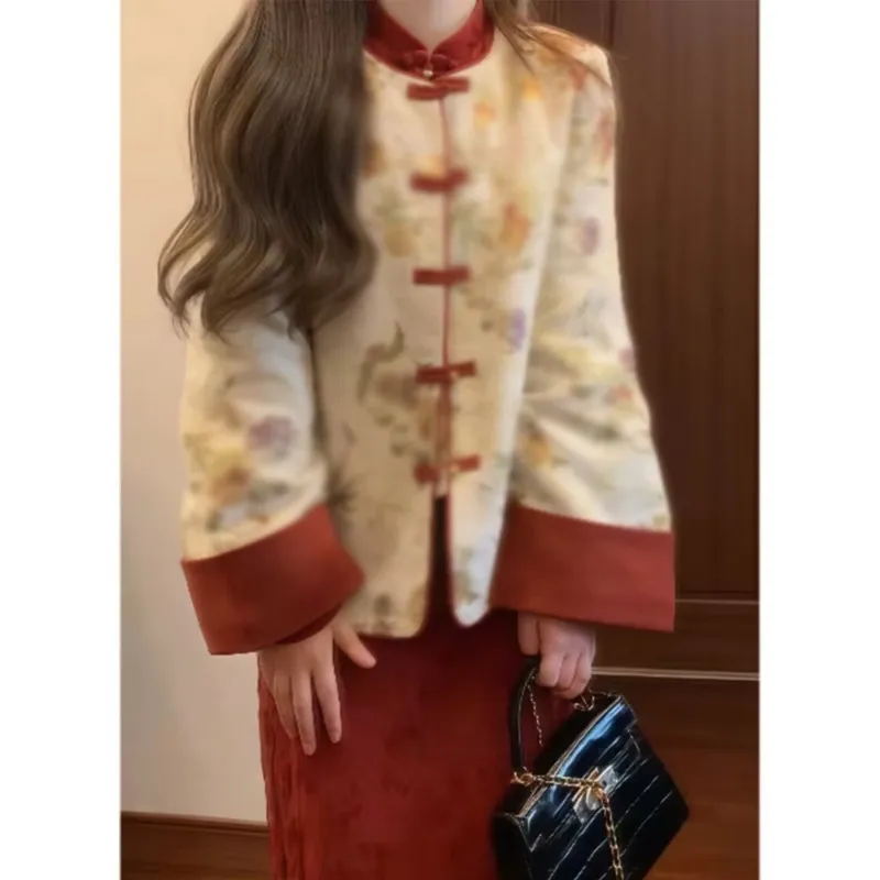 新中式国风立领盘扣织金提花夹棉外套加厚改良旗袍冬季套装裙2025