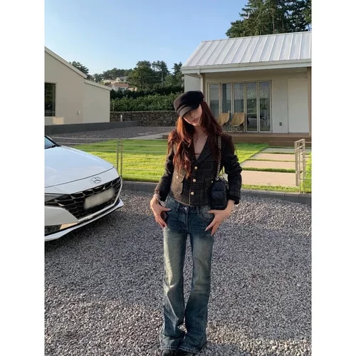 SUNONEONE 复古压褶修身低腰微喇牛仔裤女秋2025新款磨白休闲裤子