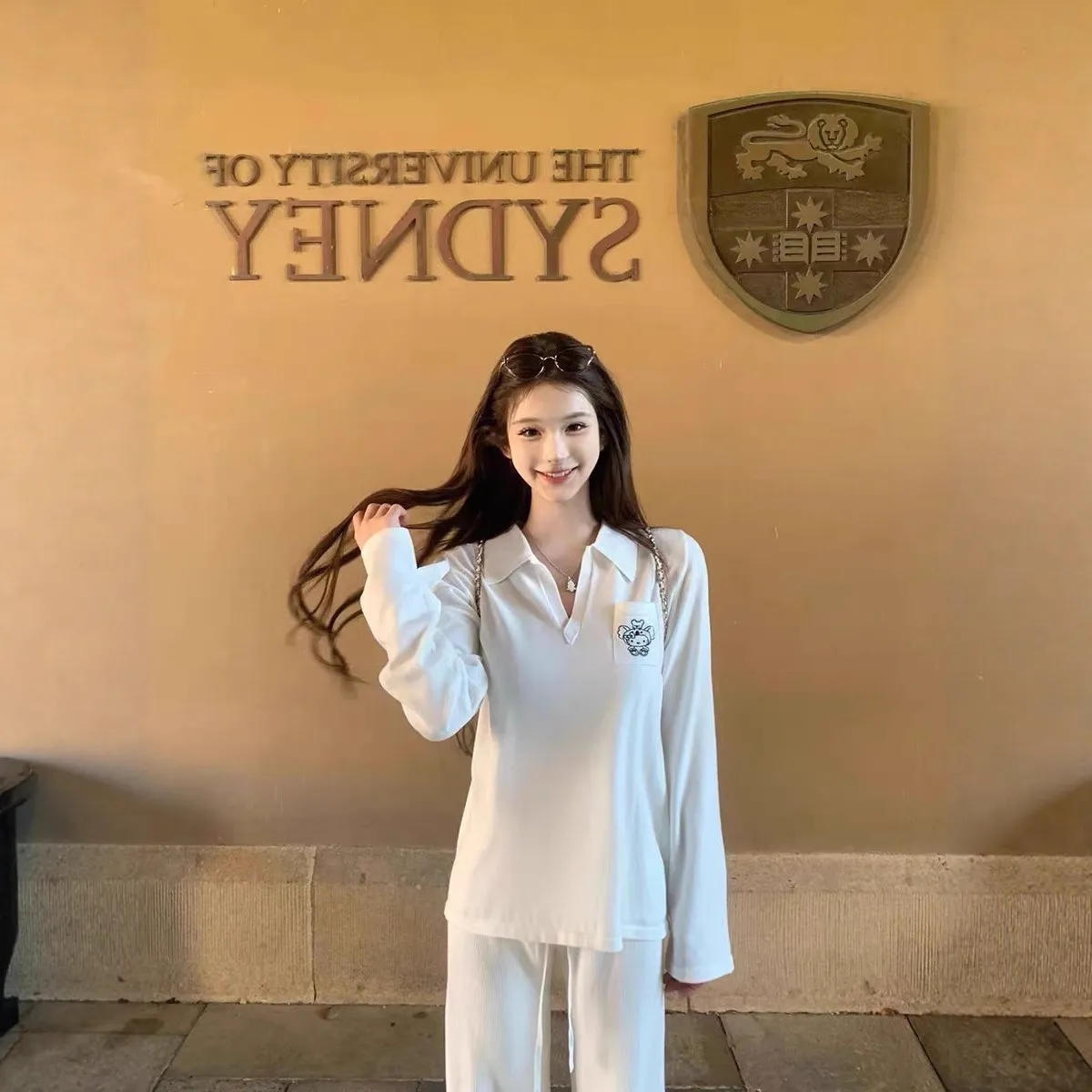 JMSHOP 乖乖牌kt酱 polo翻领针织上衣女秋冬刺绣宽松长袖薄款毛衣