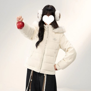 umoumo乌蘑温柔百搭绞花毛织拼接连帽毛领收腰羽绒棉外套女