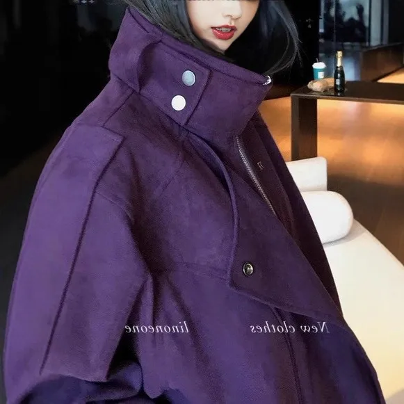 紫韵腔调 时髦复古浆果紫麂皮绒宽松外套秋冬新款