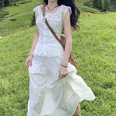 西西里仲夏 法式蕾丝拼接收腰衬衫套装 可甜可盐小清新白色一整套