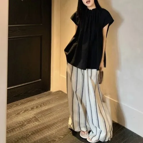 韩系新款慵懒风套装黑色短袖衬衫女夏季条纹显瘦百搭阔腿裤两件套