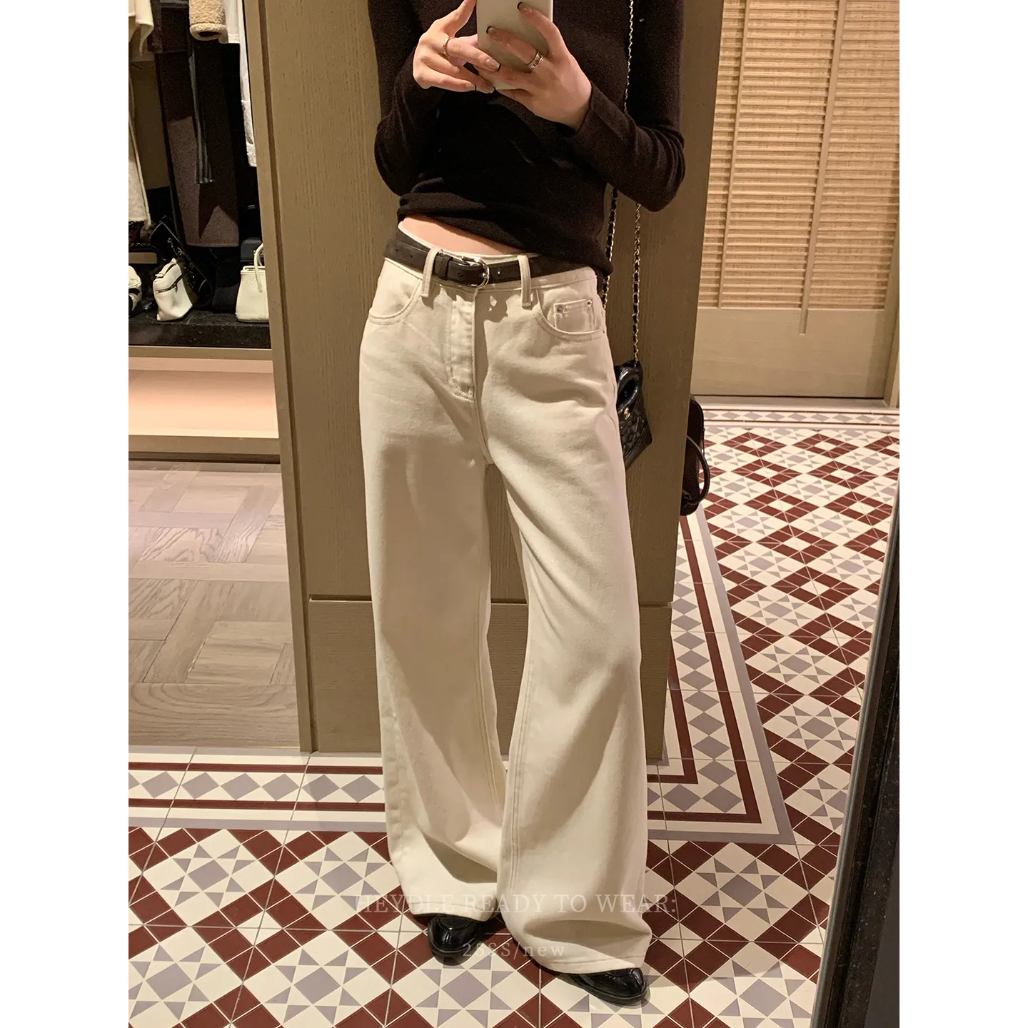 黑豆哼哼 雪线信标*米杏色牛仔裤女秋显瘦百搭微阔拖地长裤送腰带