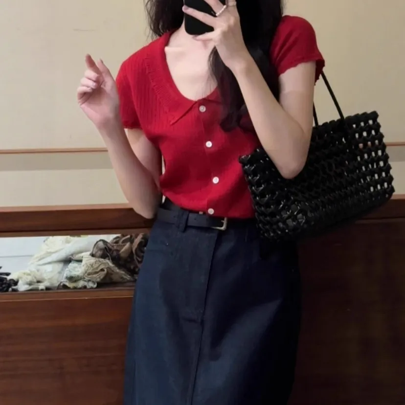 复古港风红色针织短袖POLO衫T恤女小众夏季独特漂亮短款翻领上衣