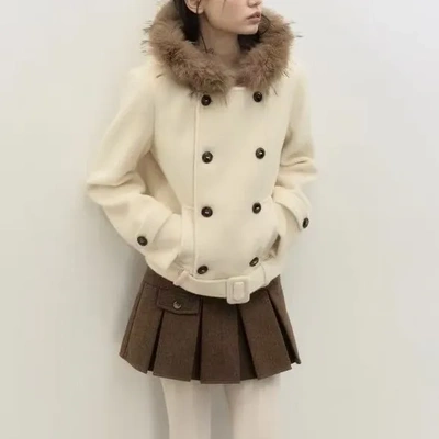 毛领双排扣短款毛呢羊毛大衣连帽外套女收腰秋冬加厚