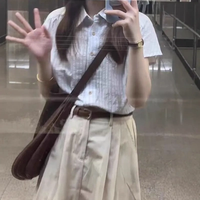 法式蓝白条纹短袖衬衫女夏季2025新款小个子别致绝美小衫气质上衣