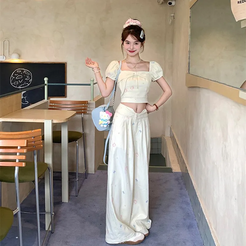 Acaine短款方领短袖防牛仔上衣直筒阔腿休闲裤套装女夏季两件套