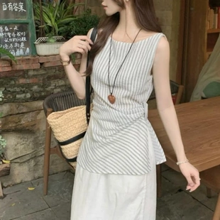 設計感收腰顯瘦不規(guī)則法式 氣質(zhì)上衣女 新款 韓系豎條紋背心2025夏季