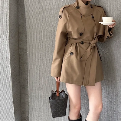 【巴黎旧梦】经典廓形翻领收腰短款风衣外套女装立领慵懒风
