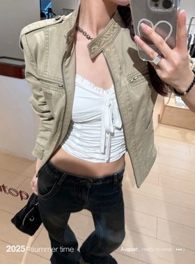 SUNONEONE 立领做旧美式复古短款牛仔外套女早秋新款正肩夹克上衣