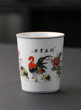 中国风茶杯白色金边陶瓷功夫茶具品茗杯花卉图案潮流精美可乐杯