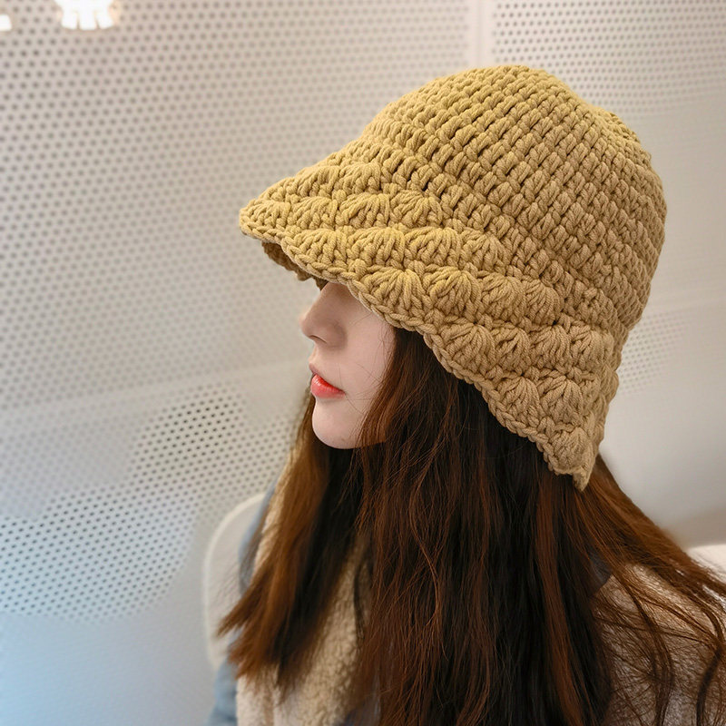 日系秋冬网红款毛线帽子女可爱韩版纯手工编织针织盆帽休闲百搭