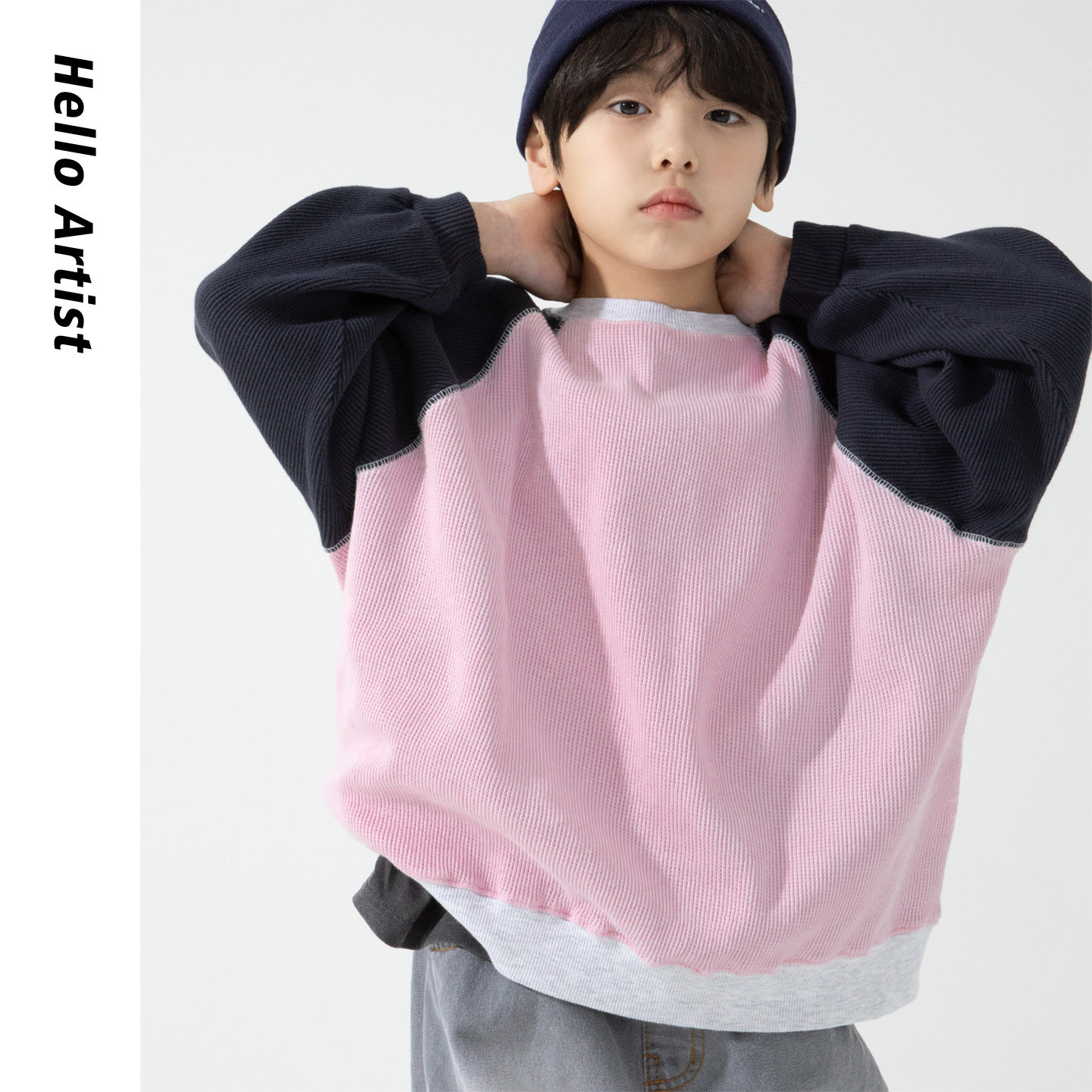 叮当森林韩国童装代购|26春新拼色插肩袖华夫格舒适休闲卫衣大童