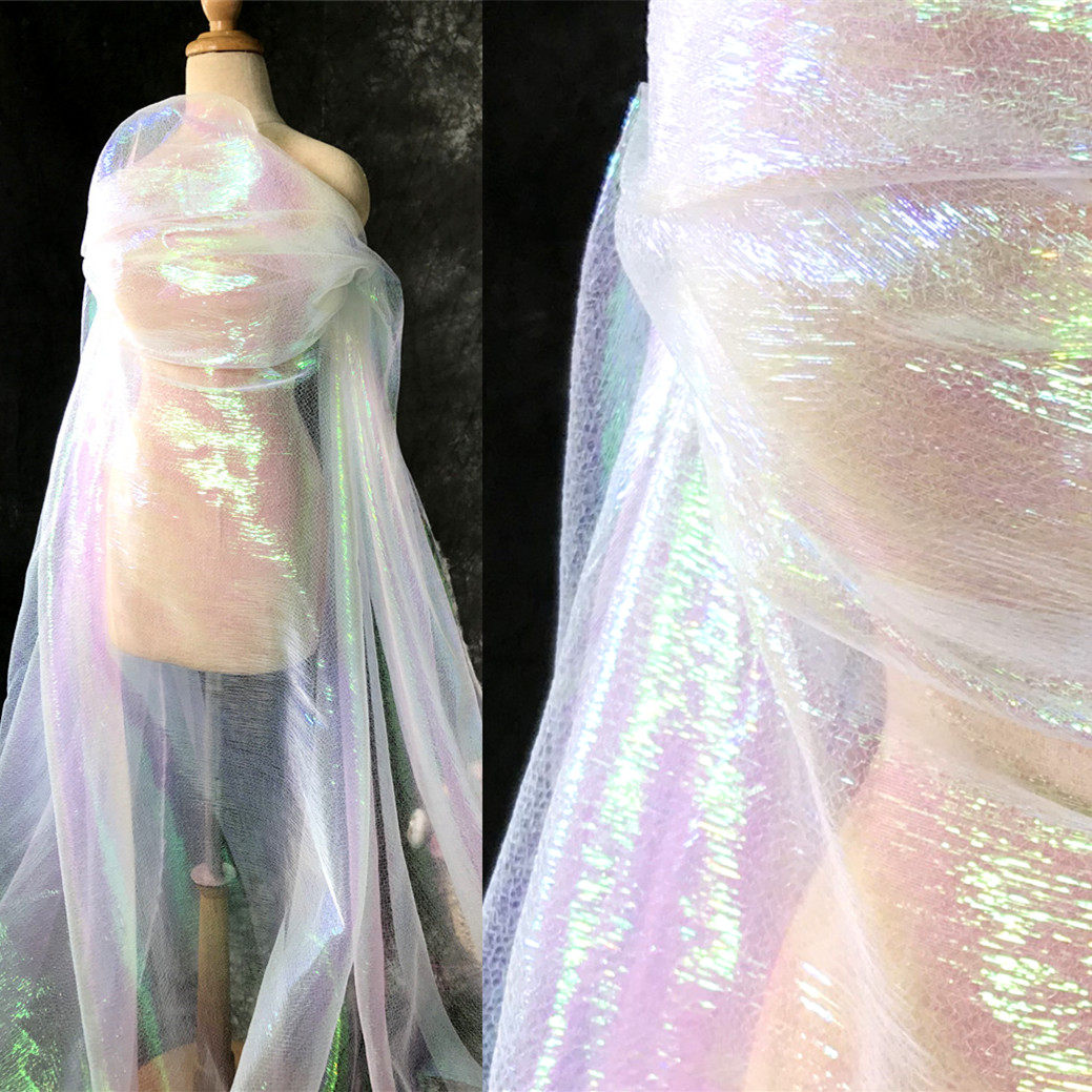 七彩纱幻彩纱渐变透视镭射褶皱肌理欧根纱服装婚庆设计师面料