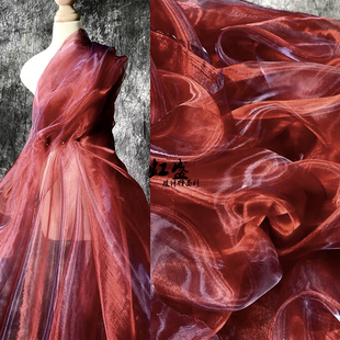纯纯酒红 水晶变色纱闪光设计师面料服装欧根纱婚纱透视礼服布料