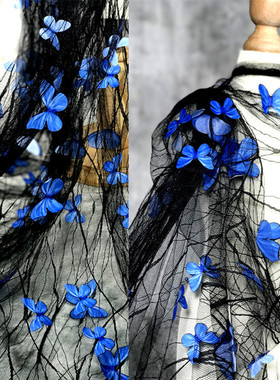 黑色透明蓝色立体蝴蝶花朵蕾丝网纱布料透明婚纱礼服设计师面料