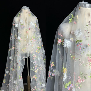 春夏现代植物立体花型多色婚纱连衣裙欧式绣花网纱布料