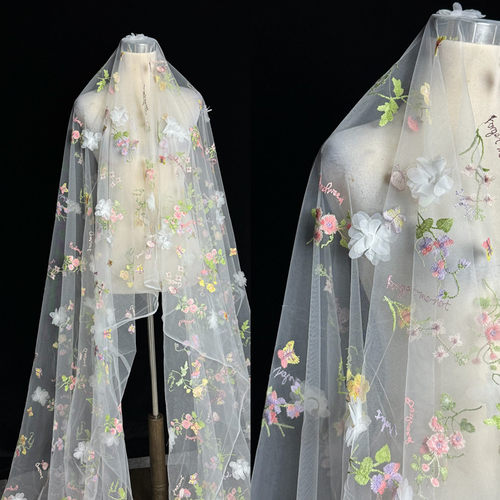 春夏现代植物立体花型多色婚纱连衣裙欧式绣花网纱布料