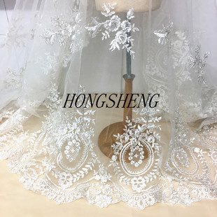 车骨蕾丝花边布料面料米白色重磅欧式 米白色银丝线银骨蕾丝 风格