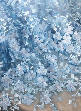 加密浅蓝粉色立体绣花花朵蕾丝布料高级定制礼服连衣裙网纱布料