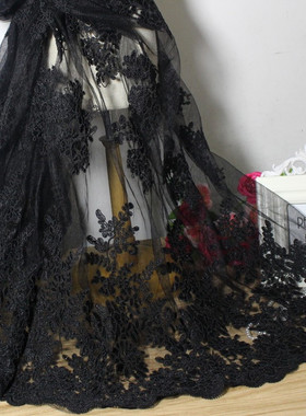 透明黑色车骨绣花布料面料高级定制刺绣服装礼服时装蕾丝布料布料