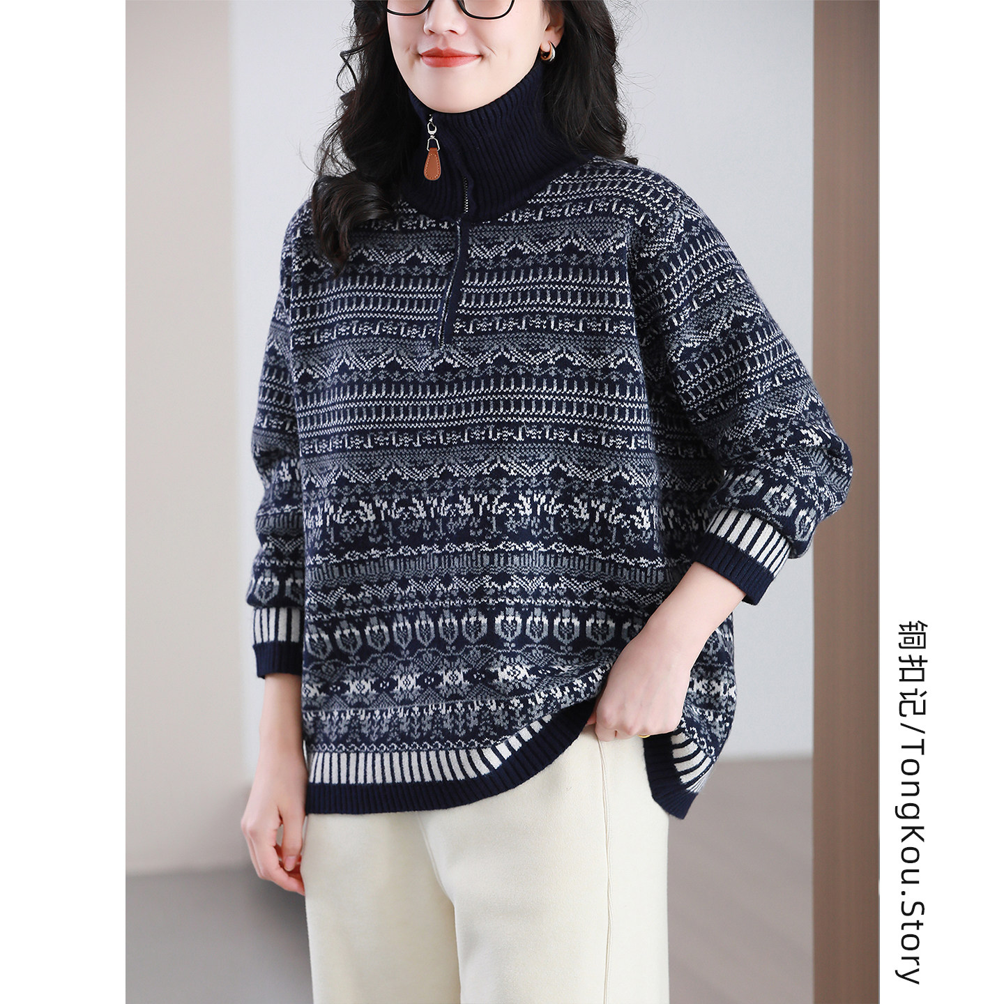 铜扣记费尔岛半拉链加厚毛衣女