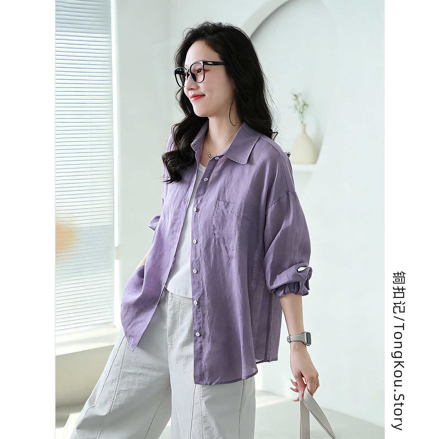 铜扣记苎麻天丝衬衫女翻领休闲百搭宽松显瘦夏季薄款纯色防晒衬衣