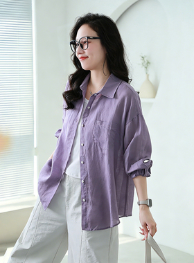 铜扣记苎麻天丝衬衫女翻领休闲百搭宽松显瘦夏季薄款纯色防晒衬衣