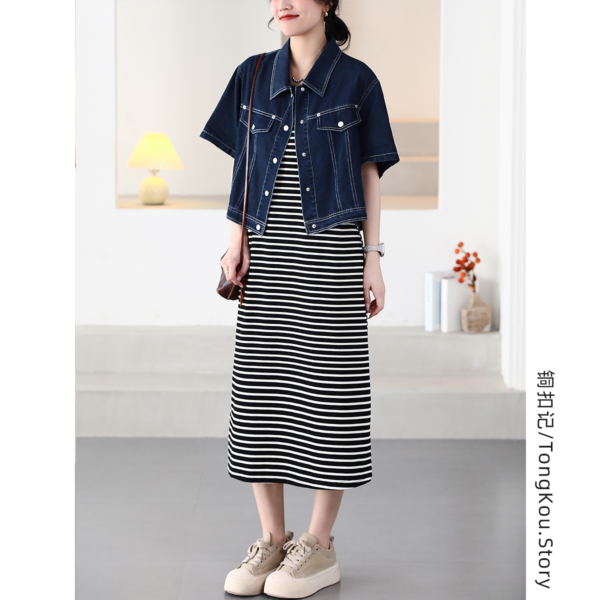 铜扣记牛仔短袖两件套女休闲百搭宽松显瘦韩版夏款条纹背心裙套装
