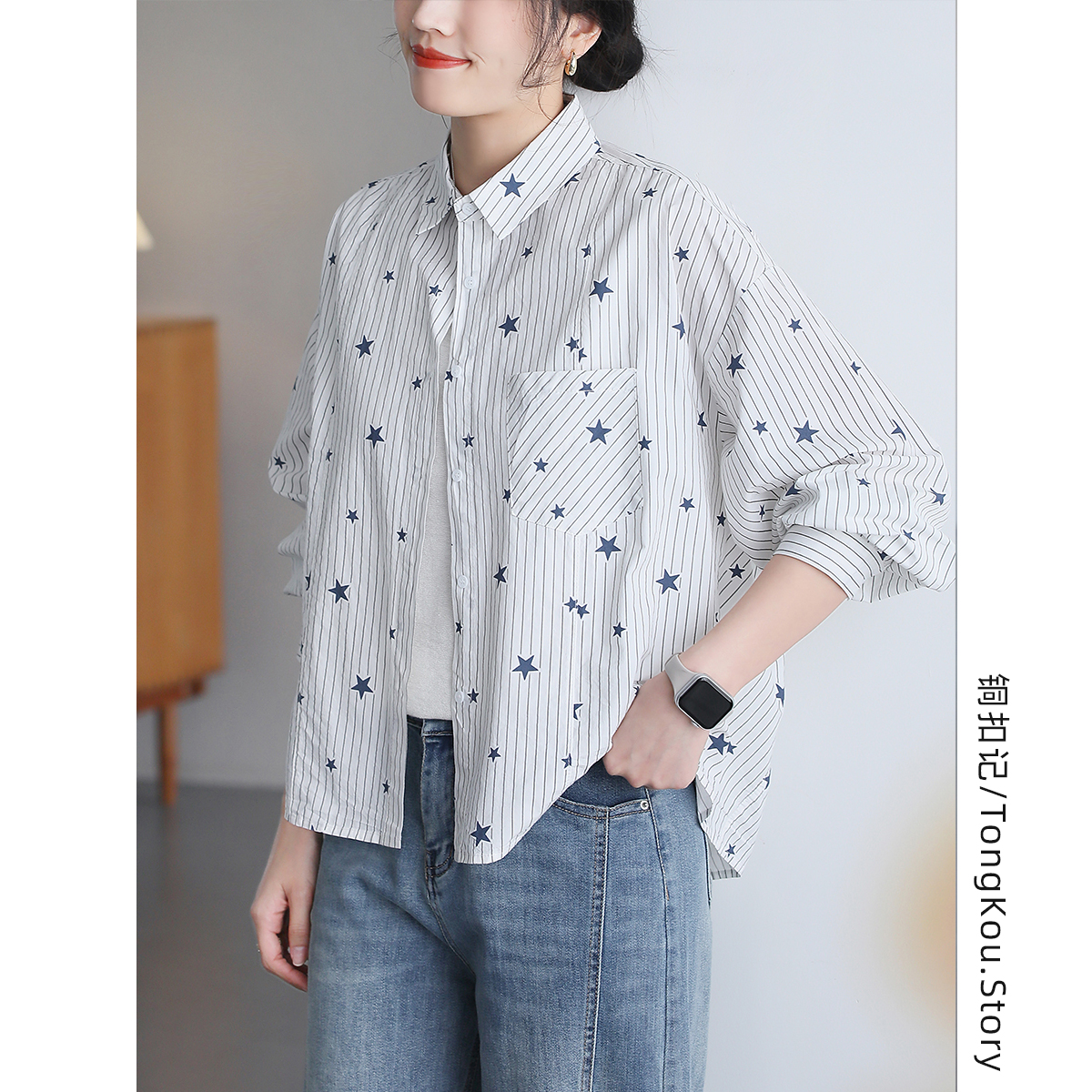 铜扣记纯棉衬衫女翻领印花休闲百搭宽松显瘦韩版夏季新款长袖衬衣