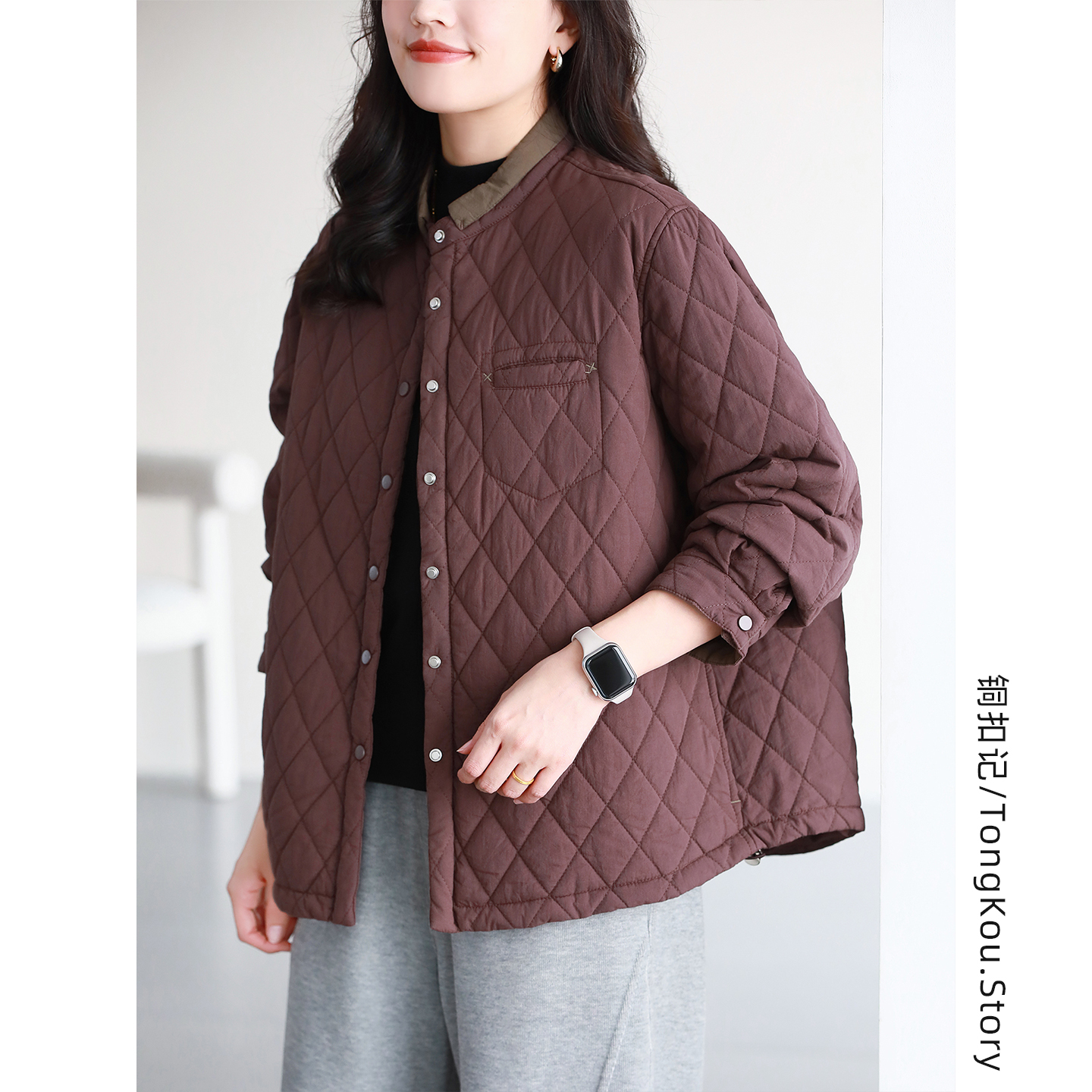 铜扣记菱格夹棉外套秋季新款