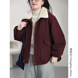 铜扣记加绒外套女翻领休闲百搭宽松显瘦冬季 加厚保暖派克服女棉服