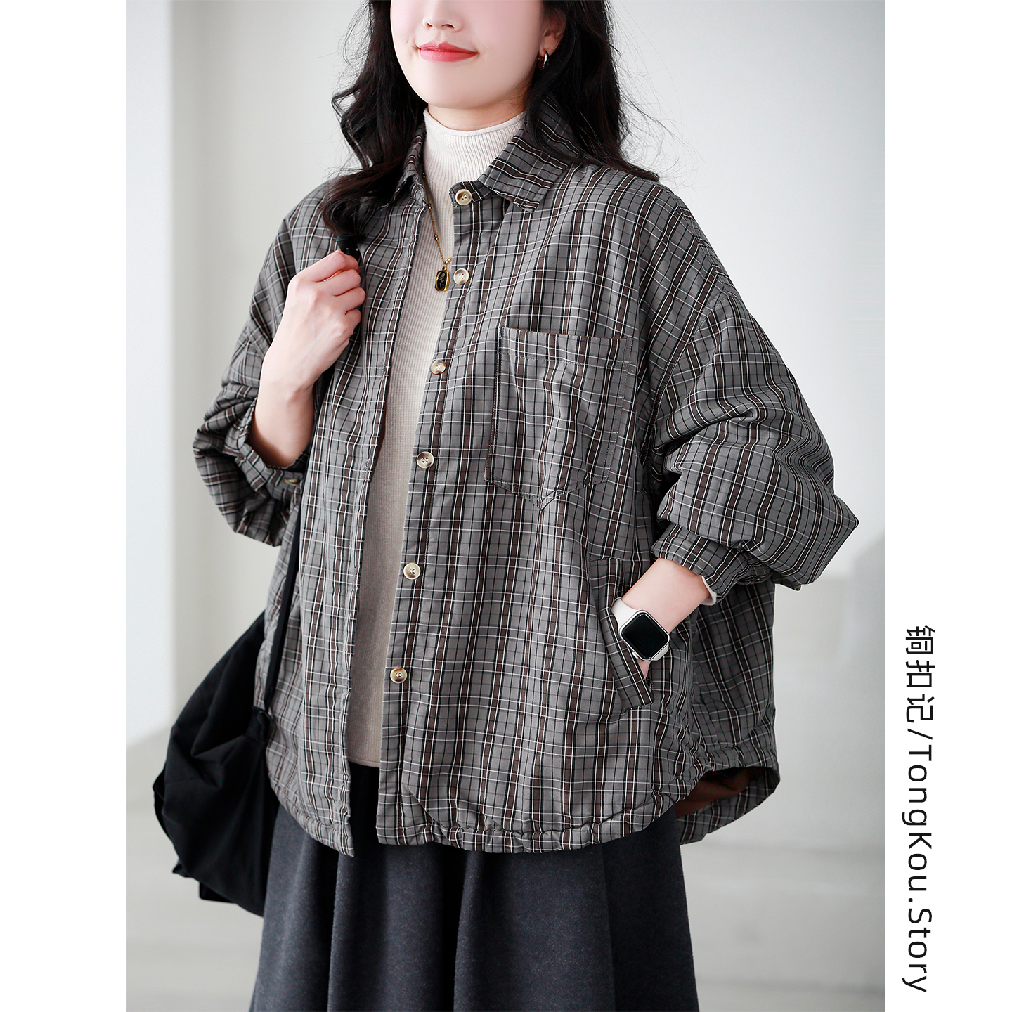 格子夹棉外套女翻领休闲百搭宽松