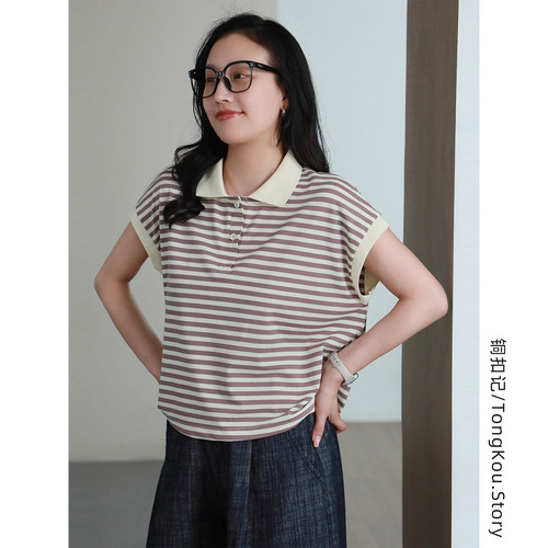 铜扣记条纹翻领宽松显瘦T恤女