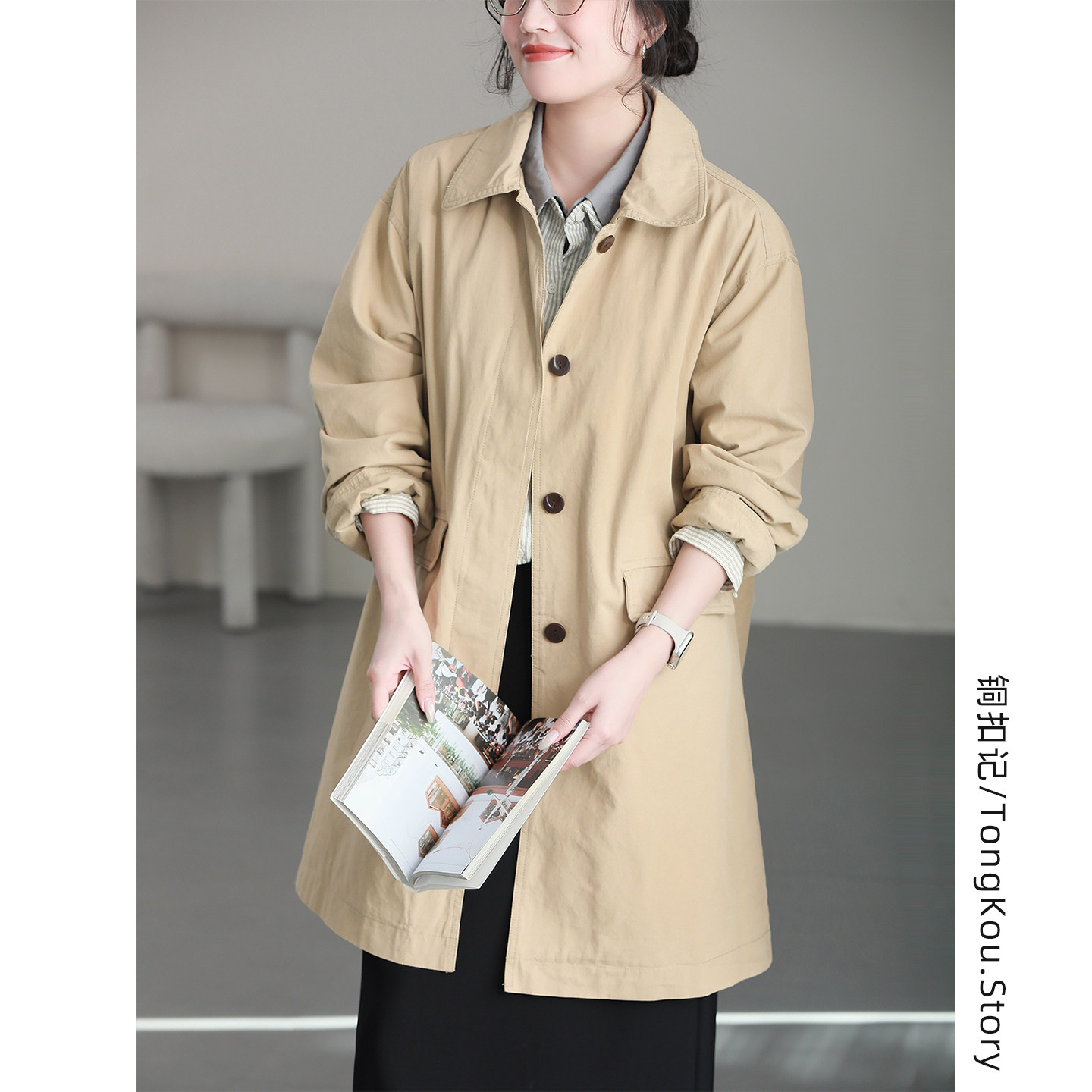 铜扣记翻领外套女休闲百搭宽松显瘦韩版春季新款中长款纯色风衣女,女装/女士精品,风衣,淘宝优惠券,粉丝福利购,淘宝优惠卷