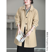 铜扣记翻领外套女休闲百搭宽松显瘦韩版 纯色风衣女 中长款 春季 新款