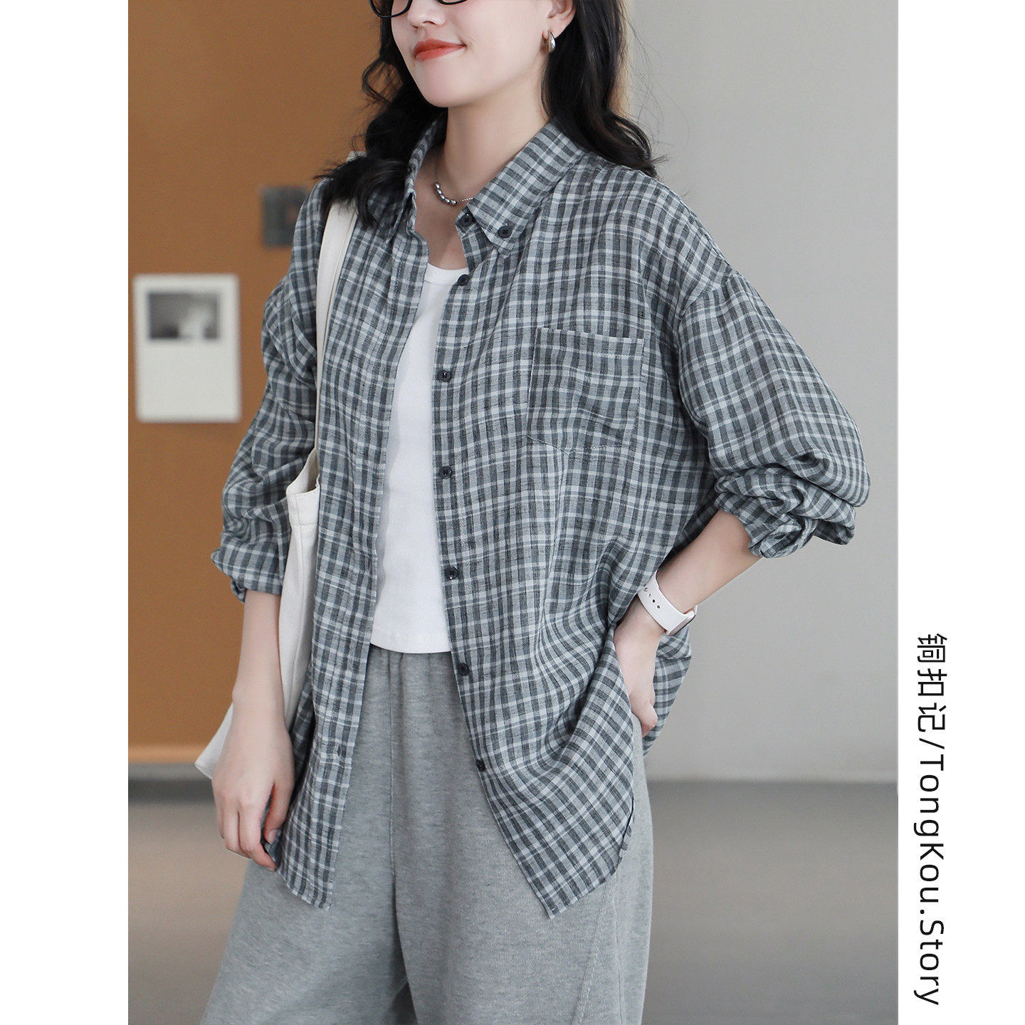 铜扣记纯棉格子衬衫女翻领休闲百搭宽松显瘦秋季新款韩版长袖外套