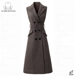 7581羊毛复古风无袖西装领马甲连衣裙女双排扣收腰气质叠穿马甲裙