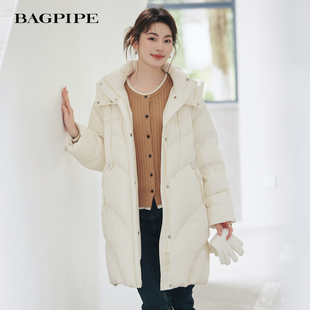 风笛2025冬季新款冬鹅绒连帽宽松云朵泡芙羽绒服女中长款显瘦加厚