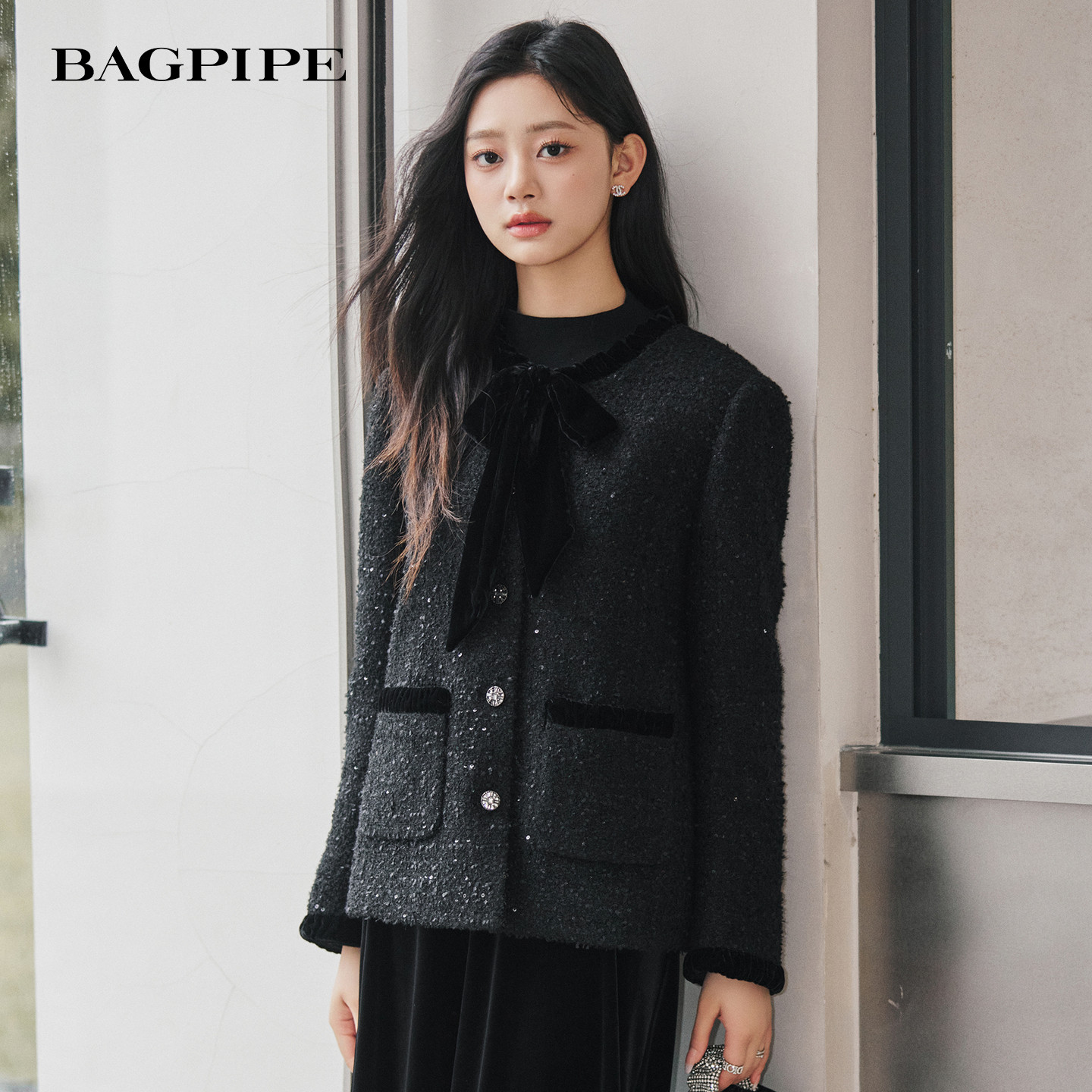 风笛2025冬季新款小香风外套女短款蝴蝶结系带名媛灰色上衣