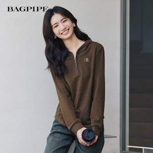 风笛2025冬季新款连帽套头长袖打底衫女修身百搭气质通勤内搭小衫