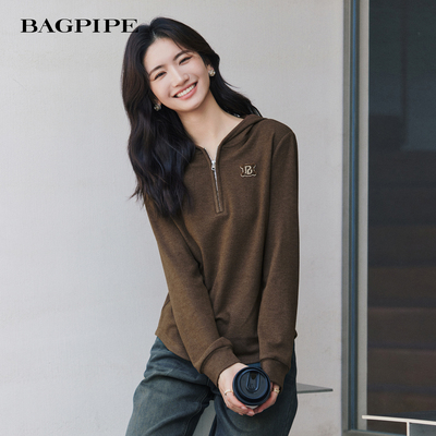 风笛2025冬季新款连帽套头长袖打底衫女修身百搭气质通勤内搭小衫