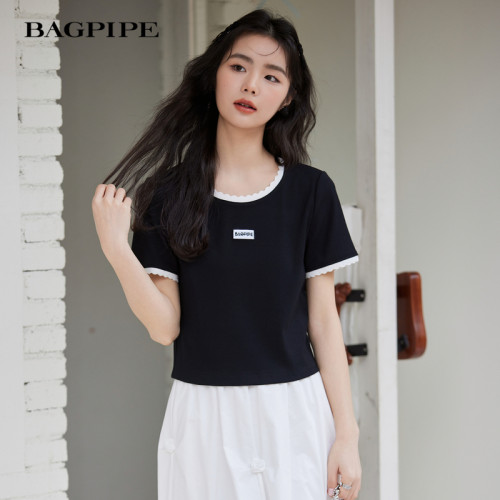 风笛2025夏季新款小个子短袖设计感撞色花边韩系百搭圆领T恤女